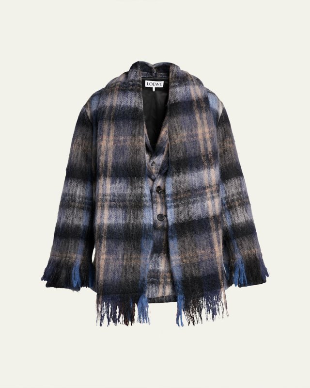 Check Alpaca Fringe Scarf Jacket